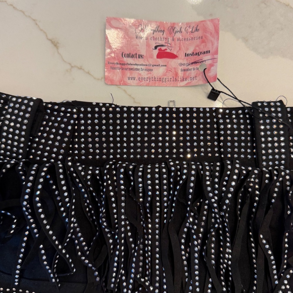 Huo Huo Womens Black Rhinestone Tiered Fringe Mini Skirt Size M 6659 New - Picture 2 of 9
